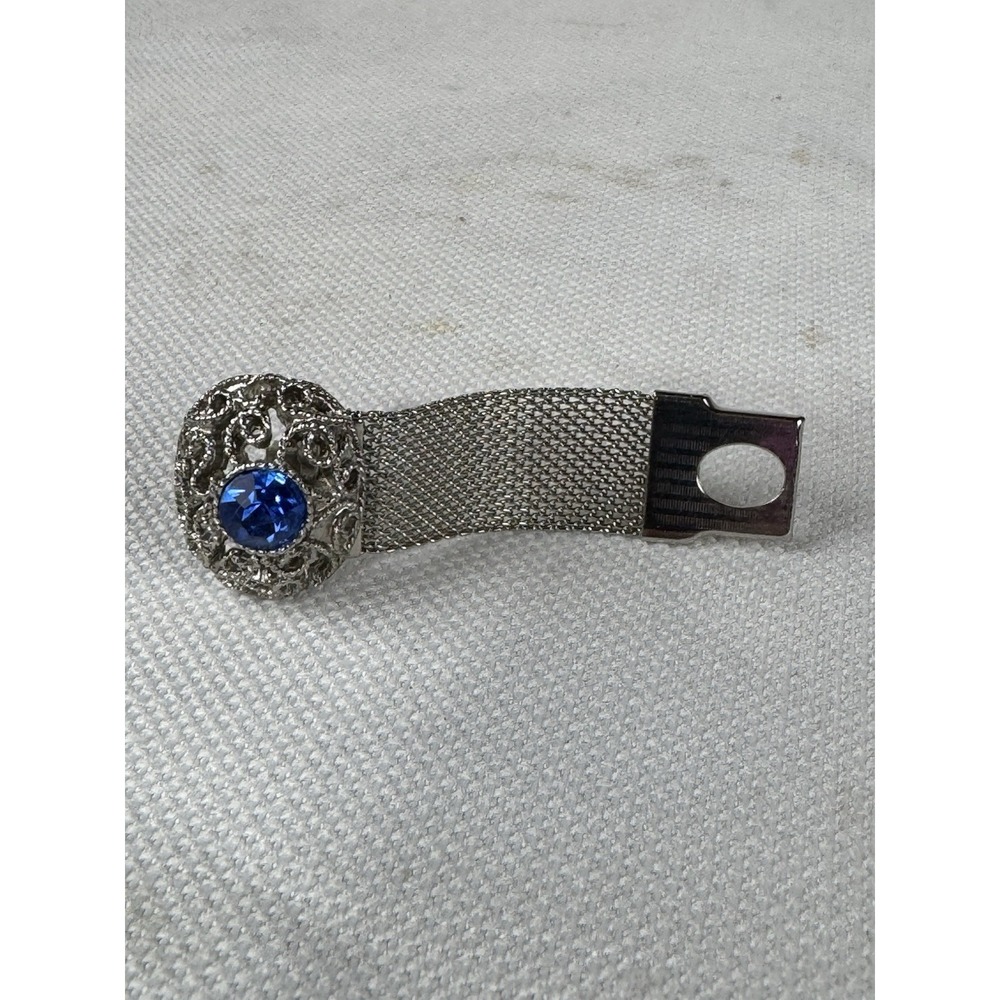 Vintage‎ Silver Tone Mesh Bracelet Blue Rhinestone Oval Filigree Clasp - Picture 6 of 10